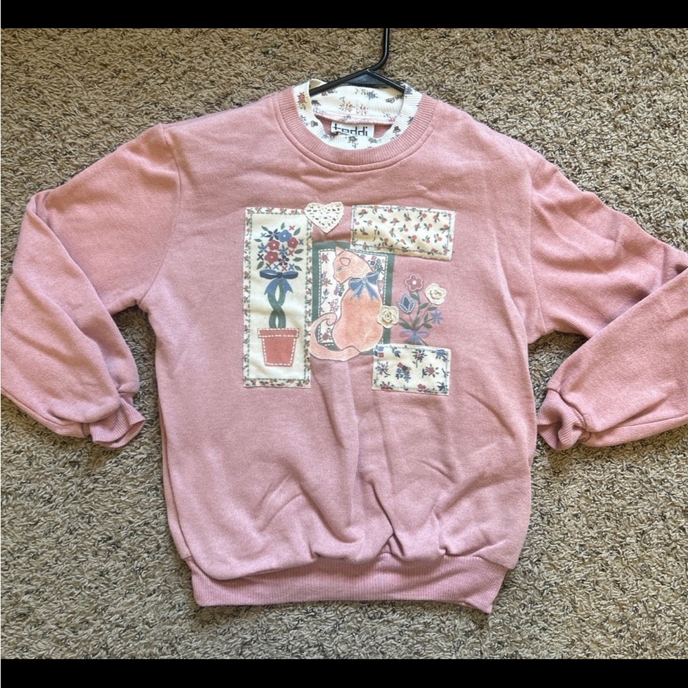 90s Vintage Teddi Crochet Lace Patchwork Grandma Cat Lover Sweater
